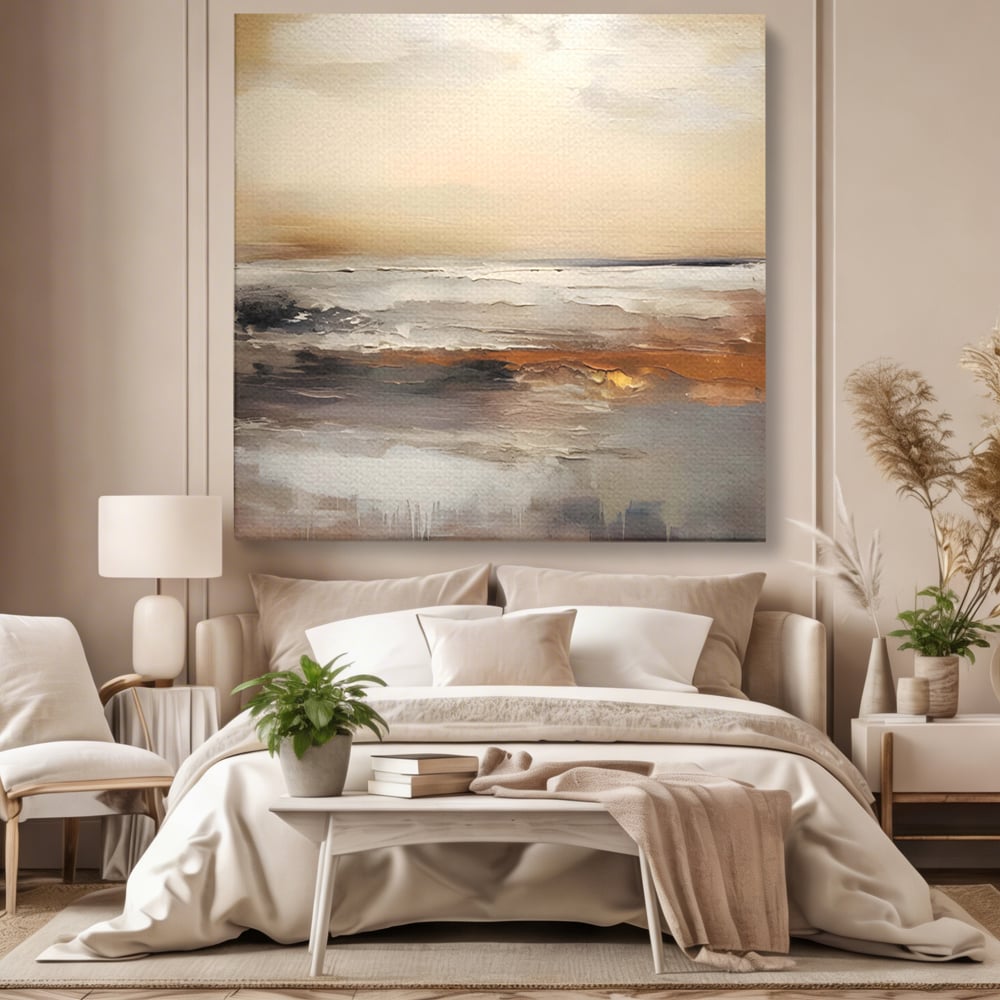 Tablou canvas cu pictura abstracta cu peisaj marin, fara rama, pe sasiu de lemn, pe perete intr-un dormitor